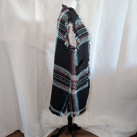 Luisa Spagnoli Italy Woven Knit Vest Black Multicolor Plaid Fringe Large IT 46 - Picture 4 of 15
